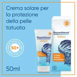Bepanthenol Tattoo Crema Protezione Solare Molto Alta SPF50+ per Tatuaggio, 50ml