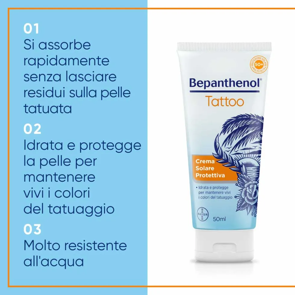 Bepanthenol Tattoo Crema Protezione Solare Molto Alta SPF50+ per Tatuaggio, 50ml