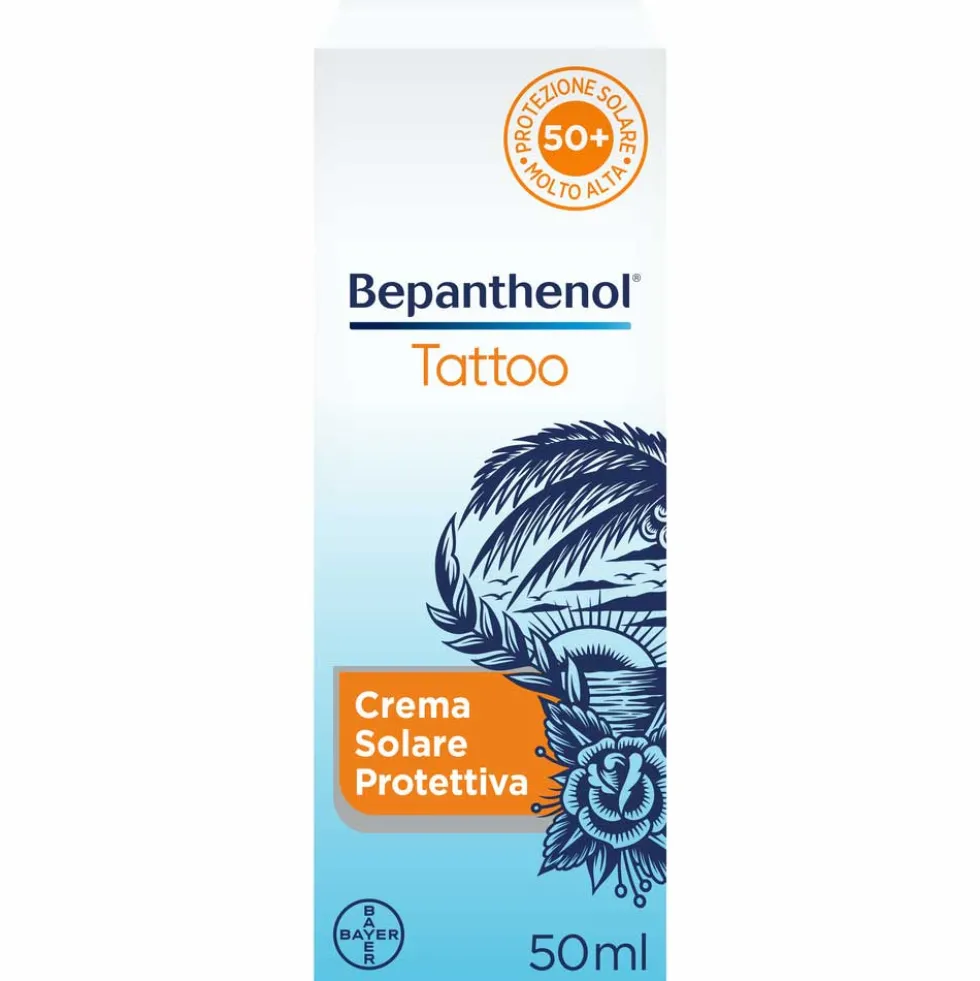 Bepanthenol Tattoo Crema Protezione Solare Molto Alta SPF50+ per Tatuaggio, 50ml