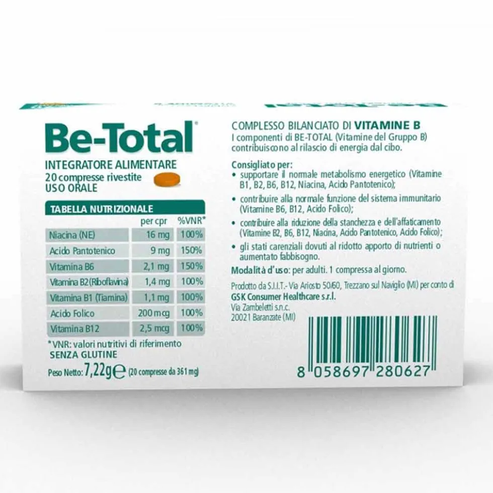 Be-Total Integratore Vitamina B e B12 Acido Folico Energia Adulti, 20 Compresse