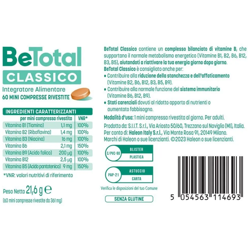 Be-Total Integratore Vitamina B B12 Acido Folico Energia Adulti, 60 mini compresse