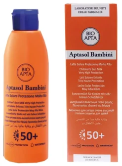 Bioapta Aptasol Bambini - Latte solare SPF 50+ resistente all'acqua, 125 ml
