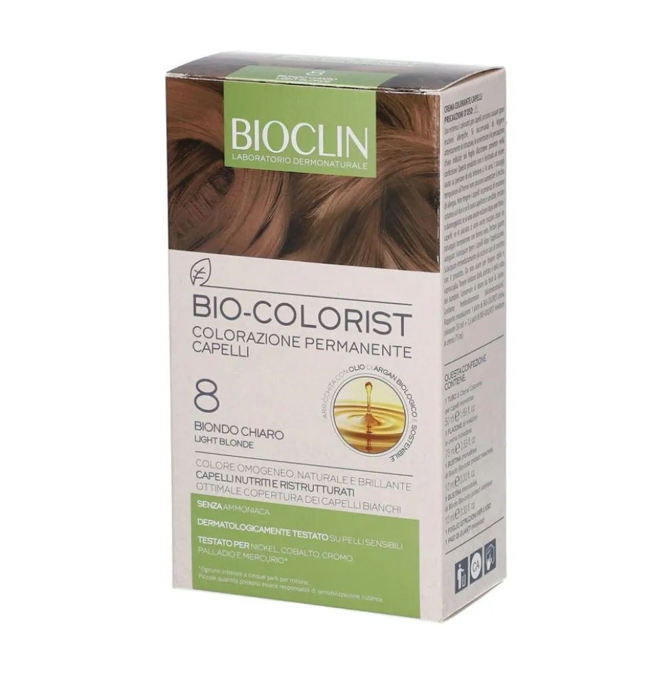 Bioclin Bio-Colorist 8 Biondo Chiaro - Colorazione permanente per i capelli bianchi, 1 kit