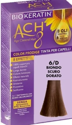 Biokeratin ACH8 Color Prodige - Tinta per Capelli Biondo Scuro Dorato 6D, 1 Kit