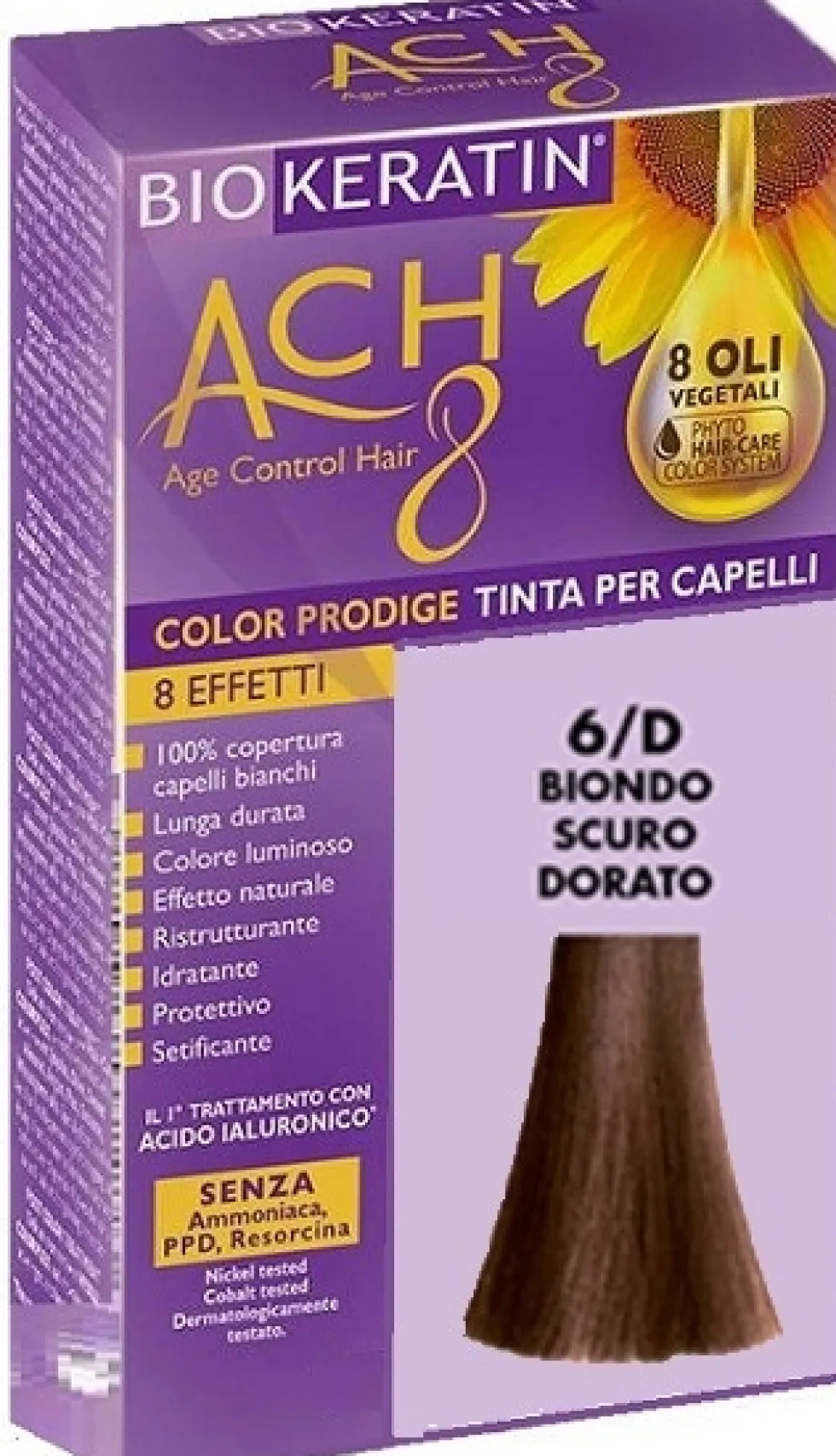 Biokeratin ACH8 Color Prodige - Tinta per Capelli Biondo Scuro Dorato 6D, 1 Kit