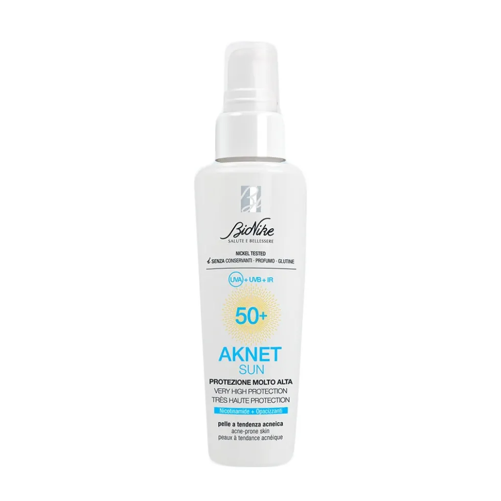 Bionike Aknet Fluido - Fluido solare SPF 50+ per la pelle a tendenza acneica, 50 ml