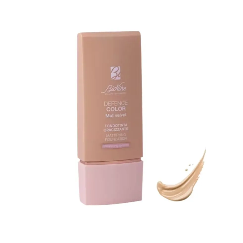 Bionike Defence Color Mat Velvet Fondotinta Opacizzante per Pelle Grassa Mista Sensibile Allergica Colore 02 Cream, 30ml