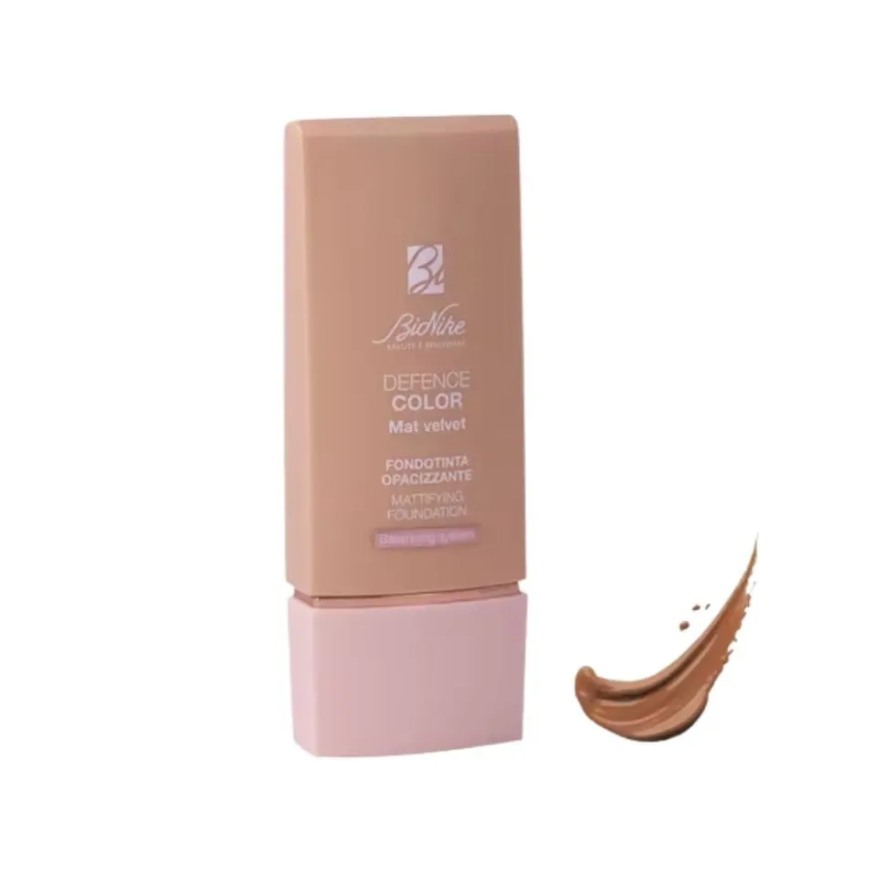 Bionike Defence Color Mat Velvet Fondotinta Opacizzante per Pelle Grassa Mista Sensibile Allergica Colore 06 Cinnamon, 30ml