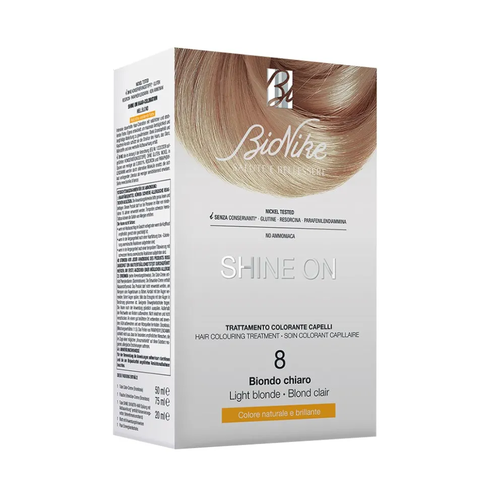 BioNike Shine On 8 Biondo Chiaro - Tintura permanente per la colorazione dei capelli, kit monodose