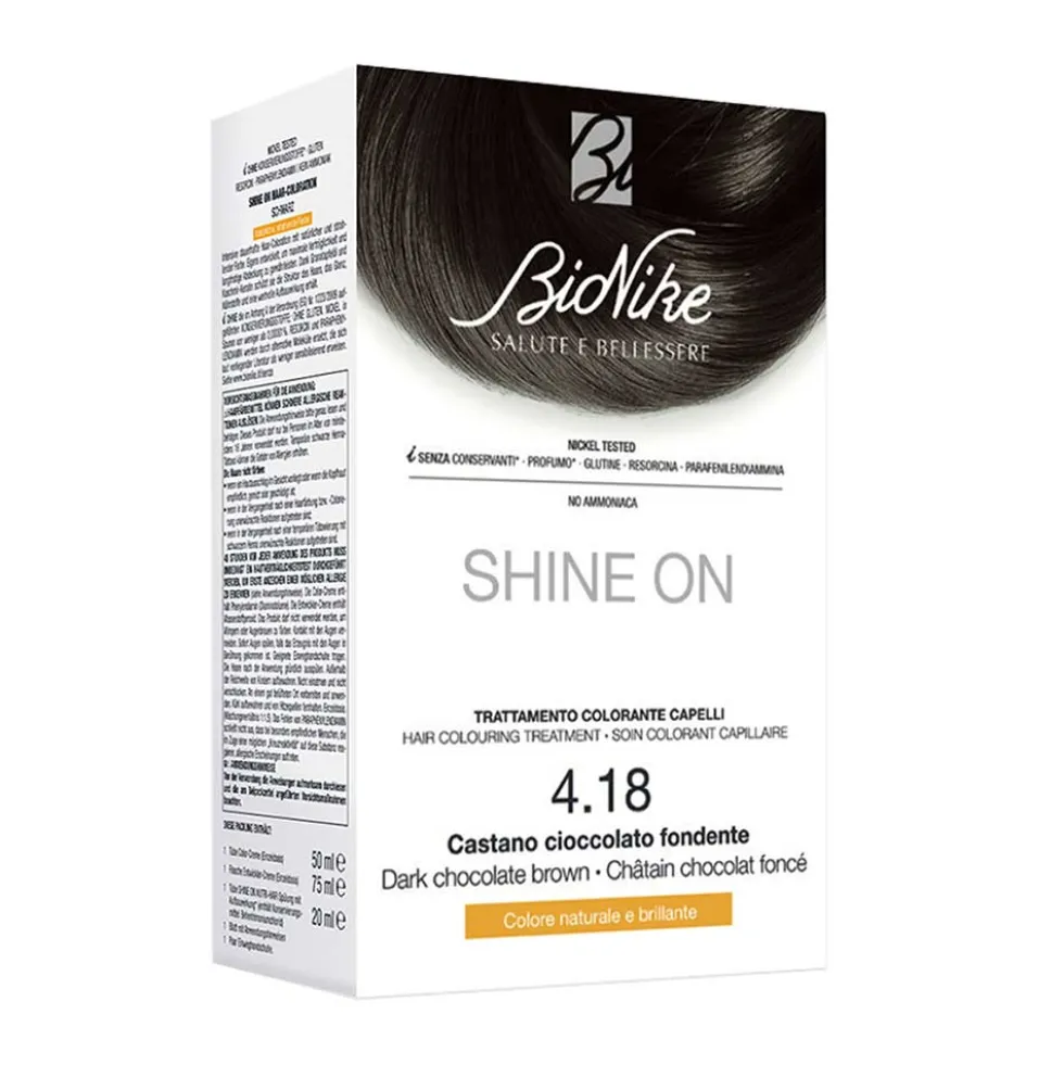 BioNike Shine On castano cioccolato fondente 4.18 - Tintura permanente per capelli, kit da 145 ml