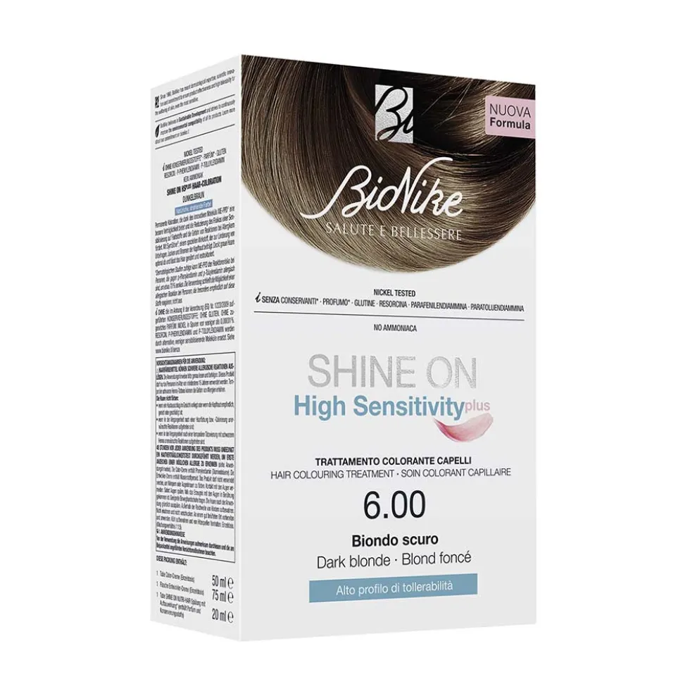 BioNike Shine On HS Plus 6.00 biondo scuro - Tinta permanente per la cute sensibile, 50 ml e 75 ml