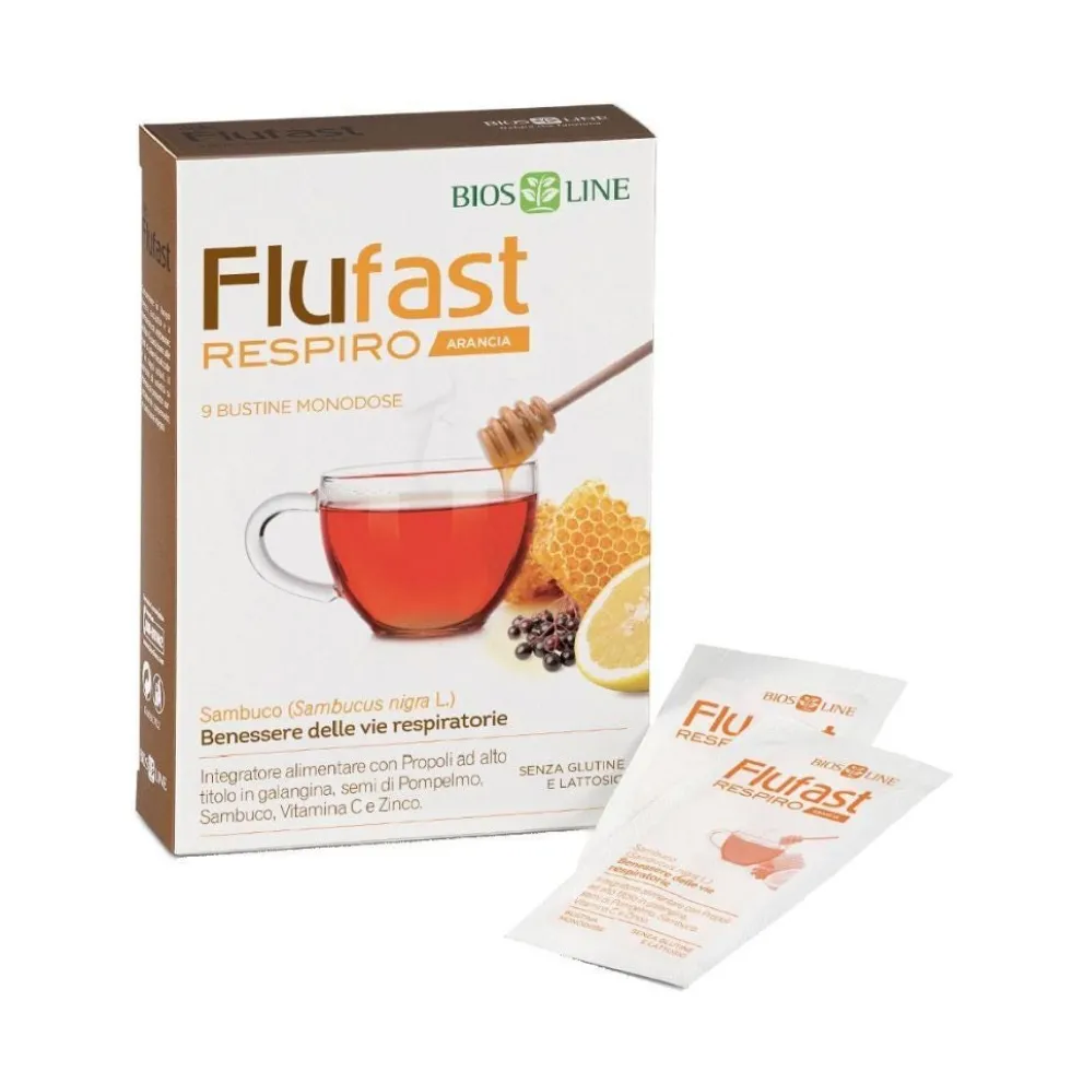 Bios Line Apix Propoli - Flufast Respiro Integratore Vie Respiratorie gusto Arancia, 9 Buste