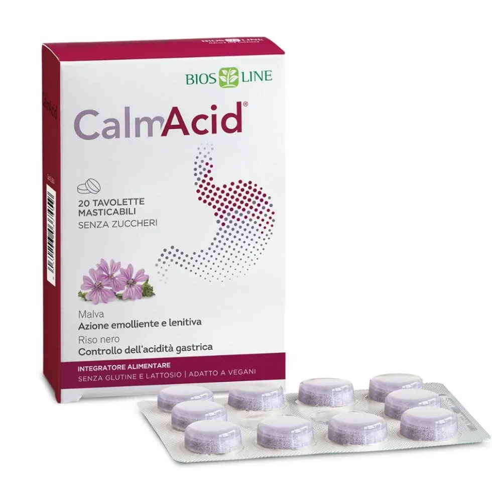 Bios Line CalmAcid - Integratore Alimentare per l'Acidità Gastrica, 20 tavolette masticabili