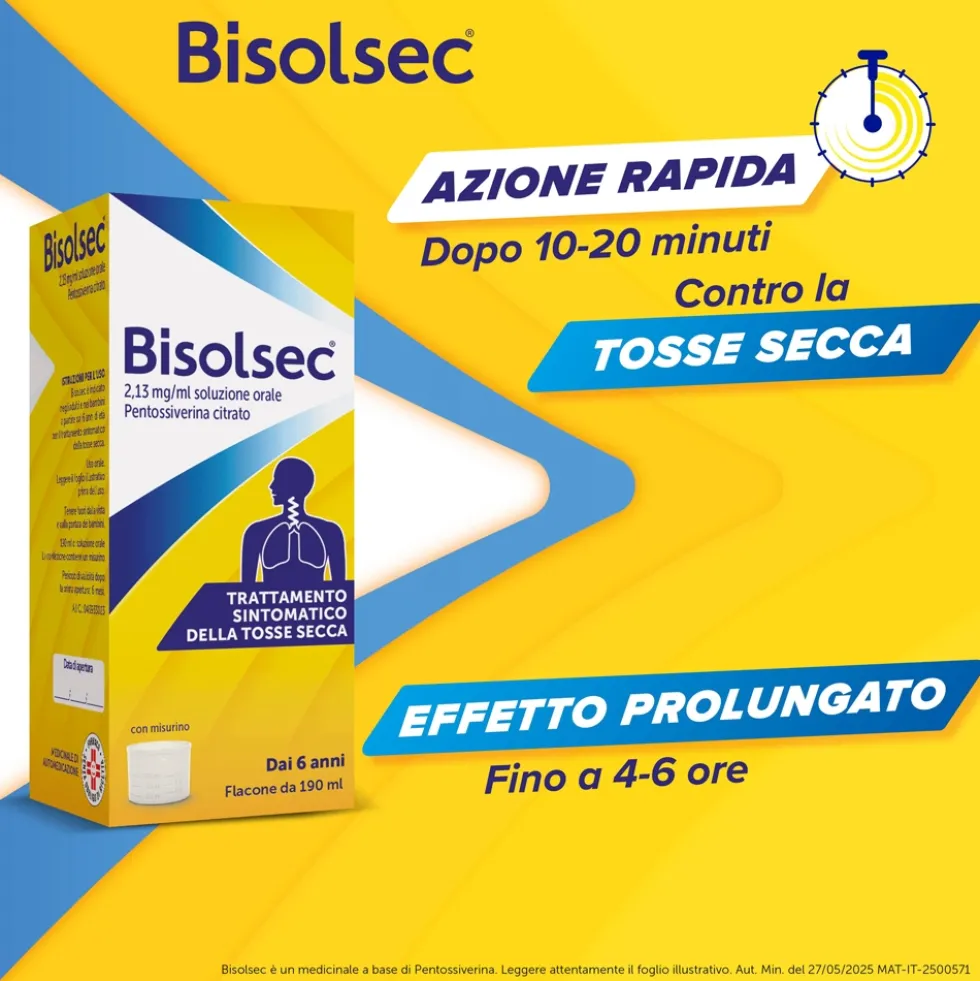 Bisolsec Sciroppo Sedativo per Tosse Secca Azione Rapida Adulti e Bambini 6+, 190ml
