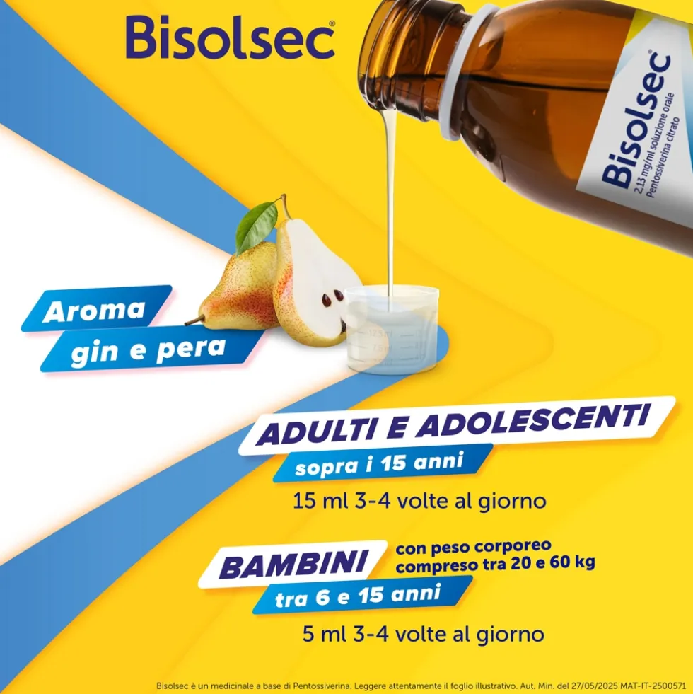 Bisolsec Sciroppo Sedativo per Tosse Secca Azione Rapida Adulti e Bambini 6+, 190ml