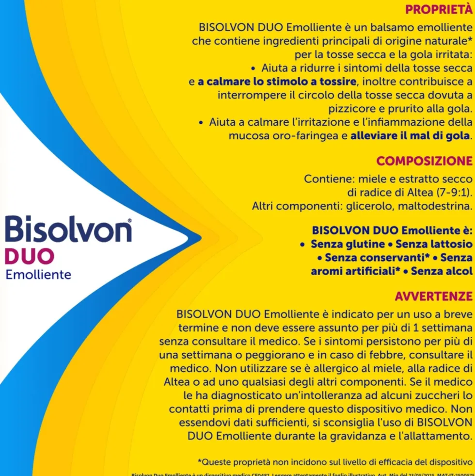 Bisolvon Duo Emolliente Sciroppo Contro Tosse e Gola Irritata Adulti e Bambini 2+, 100ml