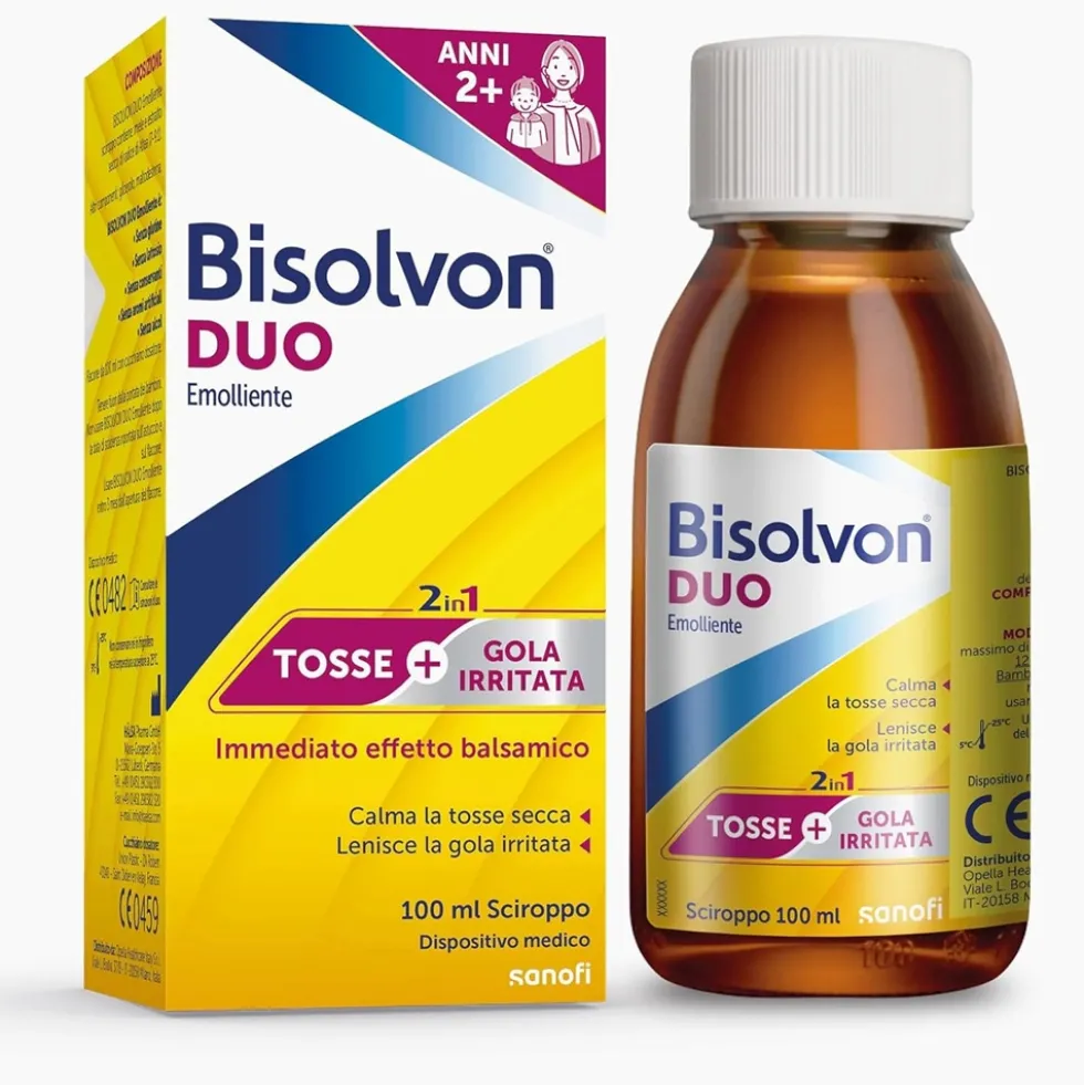 Bisolvon Duo Emolliente Sciroppo Contro Tosse e Gola Irritata Adulti e Bambini 2+, 100ml