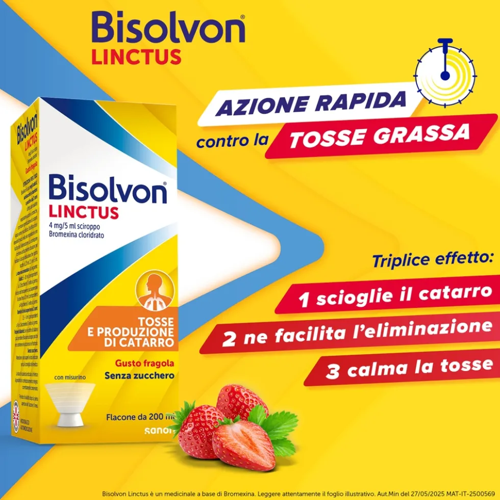 Bisolvon Linctus Sciroppo Mucolitico per Catarro e Tosse Grassa Gusto Fragola, 200ml
