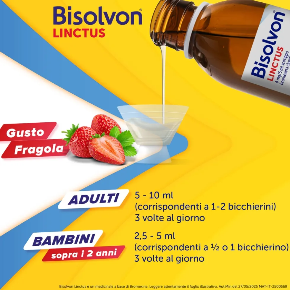 Bisolvon Linctus Sciroppo Mucolitico per Catarro e Tosse Grassa Gusto Fragola, 200ml