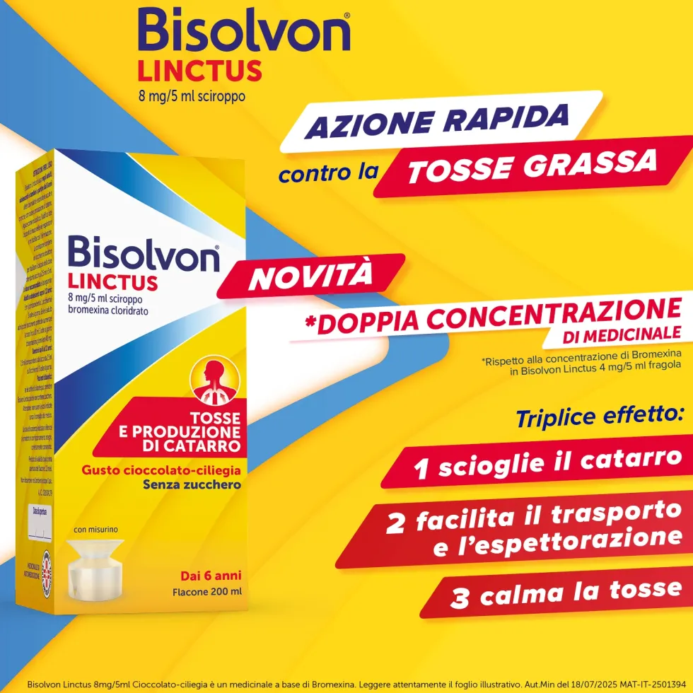 Bisolvon Linctus Sciroppo Mucolitico per Catarro e Tosse Grassa Gusto Cioccolato e Ciliegia (8mg/5ml), 200ml