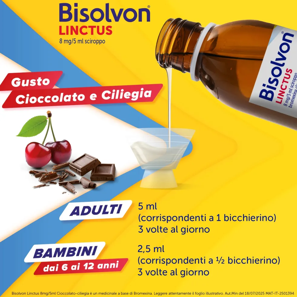 Bisolvon Linctus Sciroppo Mucolitico per Catarro e Tosse Grassa Gusto Cioccolato e Ciliegia (8mg/5ml), 200ml