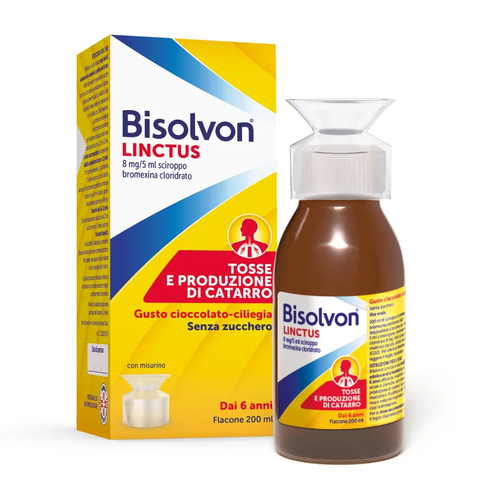 Bisolvon Linctus Sciroppo Mucolitico per Catarro e Tosse Grassa Gusto Cioccolato e Ciliegia (8mg/5ml), 200ml