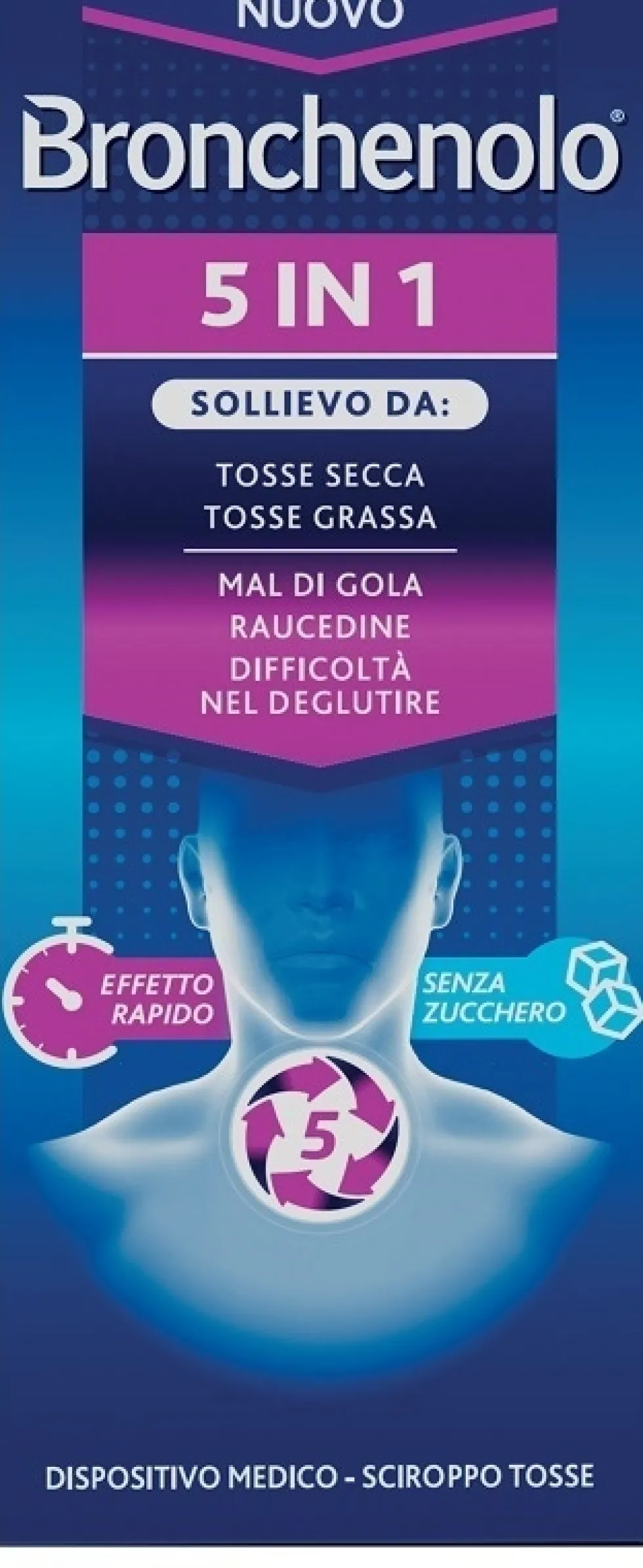 Bronchenolo 5 in 1 - Sciroppo per la tosse secca e grassa, la raucedine e il mal di gola, 120 ml