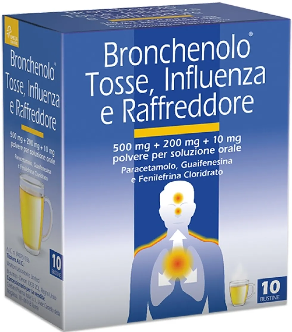 Bronchenolo Tosse Influenza e Raffreddore Soluzione Orale, 10 bustine