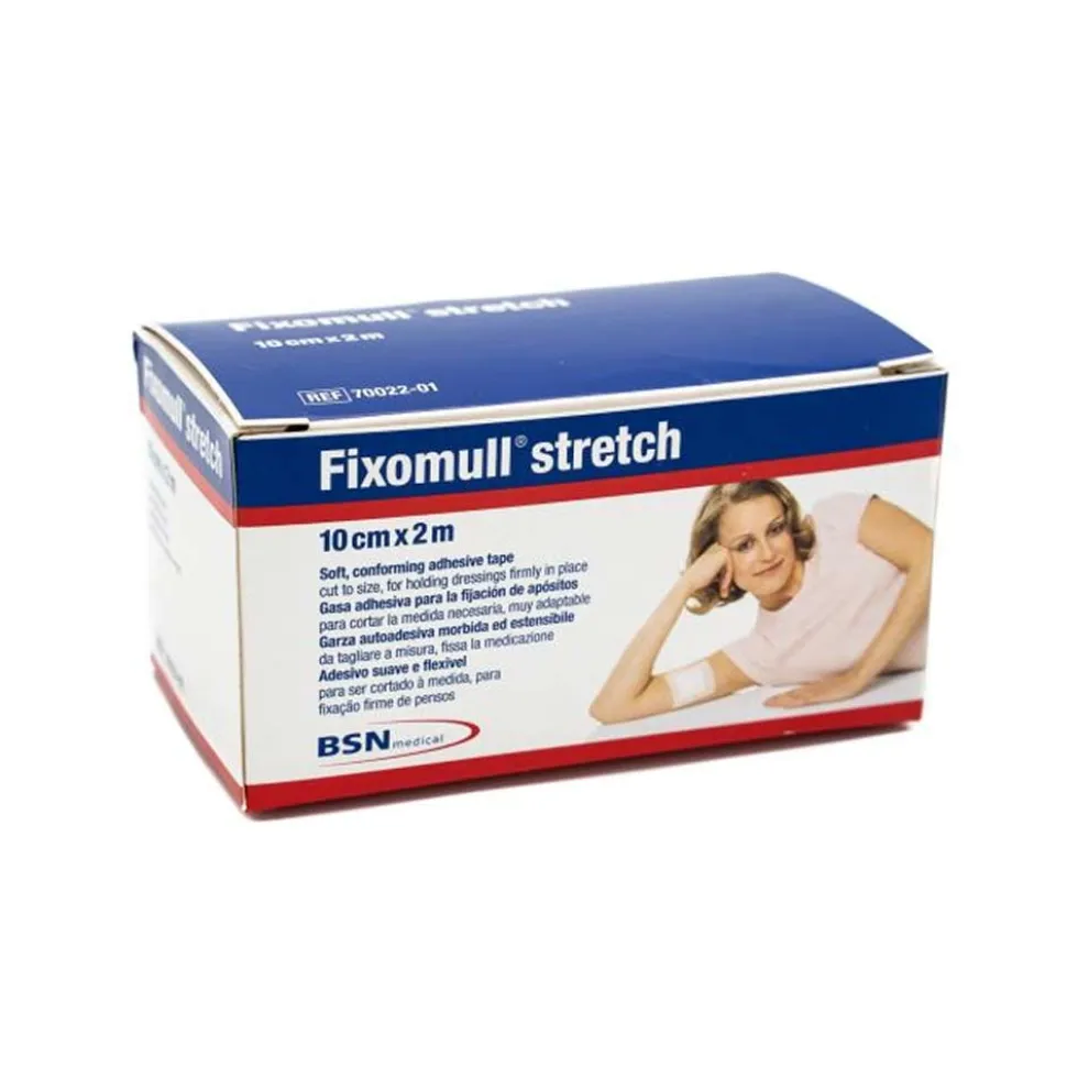 BSN Medical Fixomull Stretch - Garza autoadesiva per fissare le medicazioni, 1 rotolo da 10 cm x 2 m