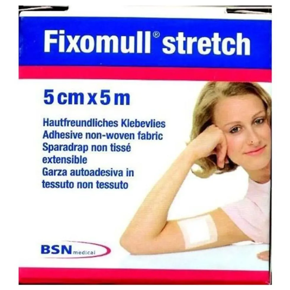 BSN Medical Fixomull Stretch - Garza autoadesiva per il fissaggio, 1 rotolo da 5 m x 5 cm