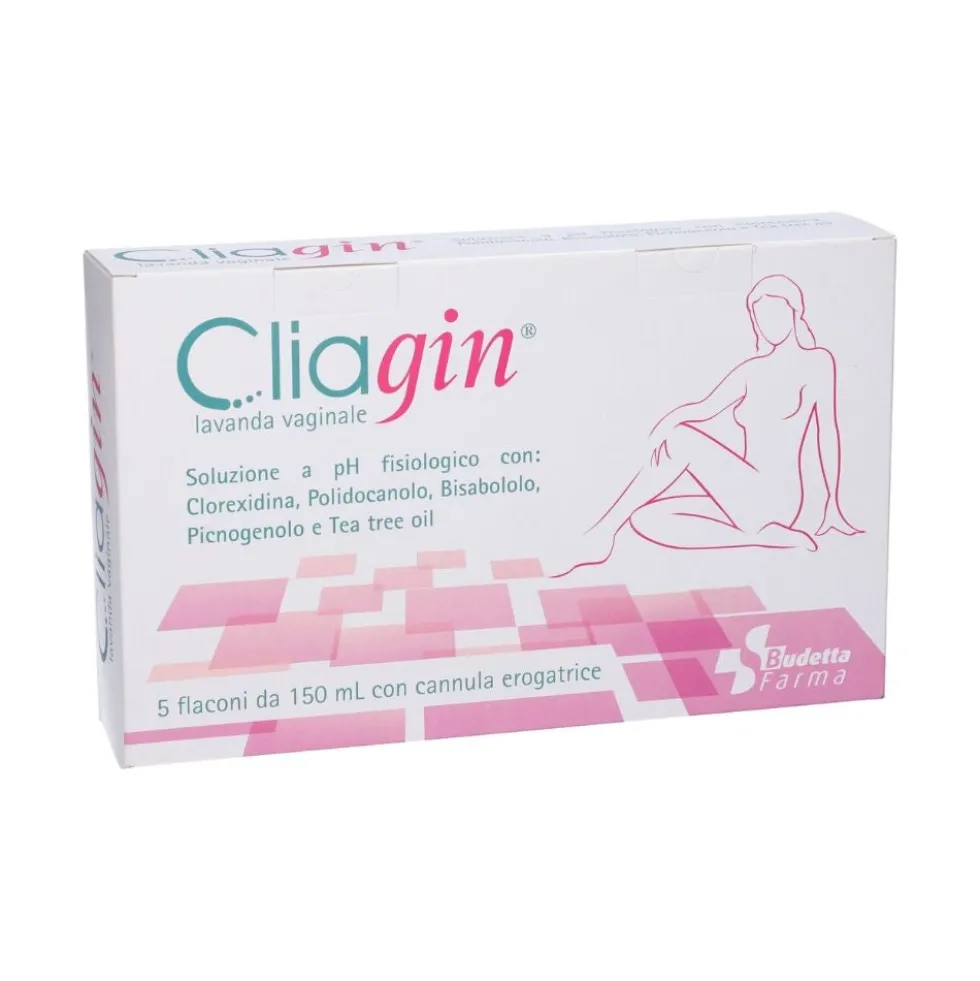 Budetta Farma Cliagin - Lavanda vaginale con clorexidina per l'igiene intima, 5 flaconi da 150 ml