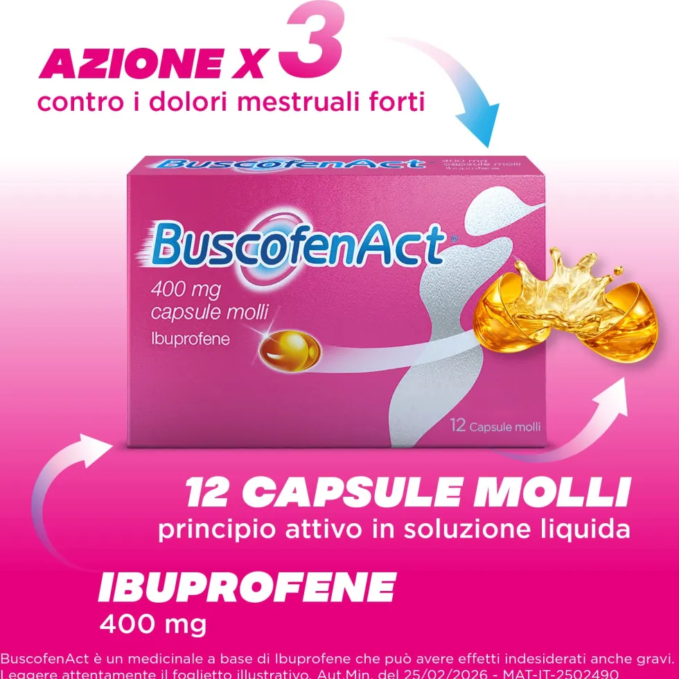 BuscofenAct 400 mg - Analgesico per dolori mestruali e mal di testa, 12 capsule molli