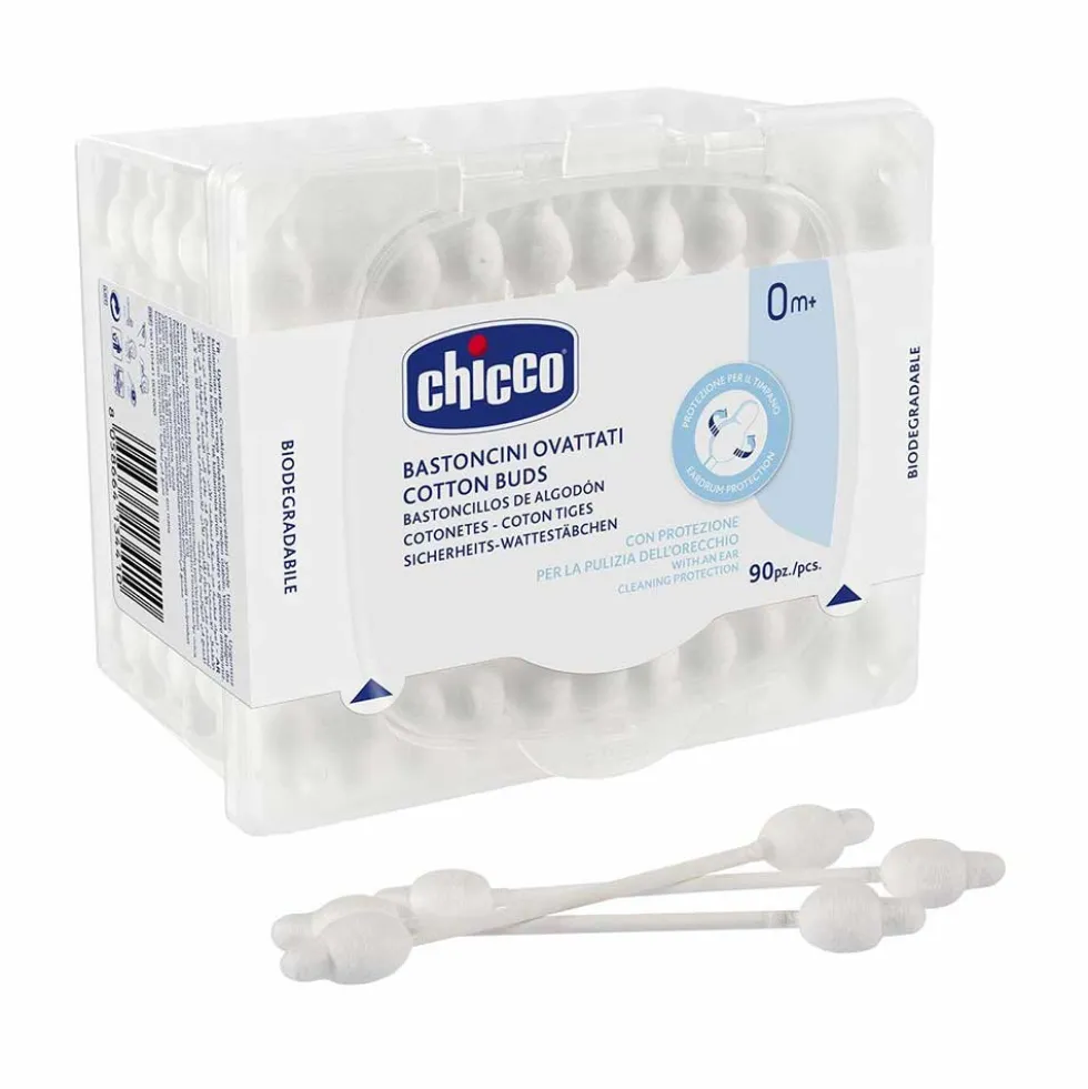 Chicco Bastoncini ovattati - Bastoncini in cotone con protezione per il timpano, 90 pezzi