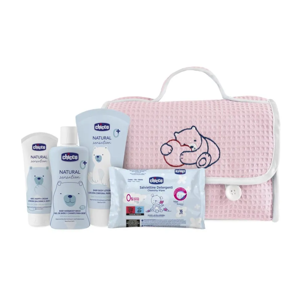 Chicco Natural Sensation rosa - Set cosmetico per l'igiene e la cura del neonato, 4 prodotti