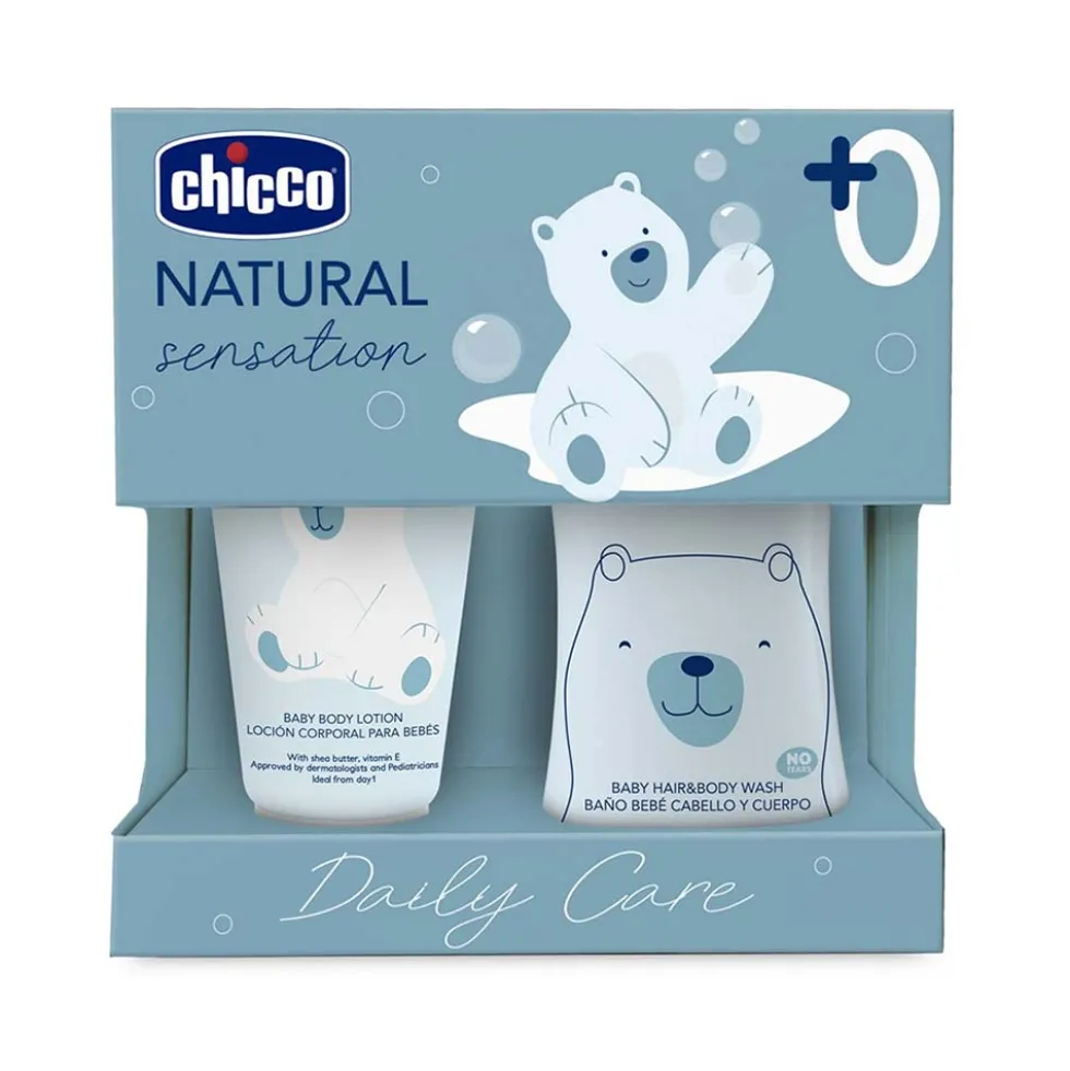 Chicco Natural Sensation - Set per l'igiene del bebè con detergente e crema corpo, 200 ml e 150 ml