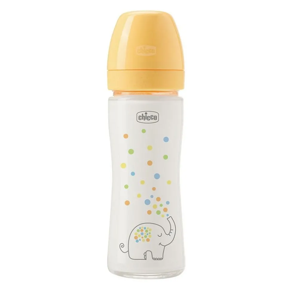 Chicco Perfect Easy Biberon Anti-Colica in Vetro 240ml Colore Giallo, 1 Pezzo