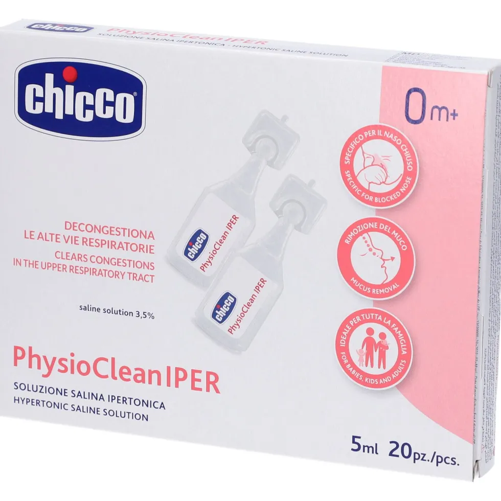 Chicco Physioclean Iper - Soluzione salina ipertonica per i lavaggi nasali, 20 flaconcini da 5 ml