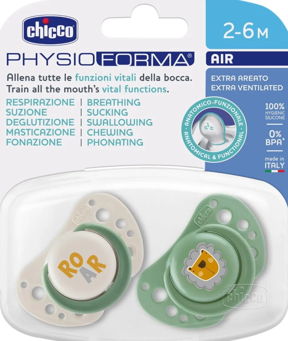 Chicco PhysioForma - Air Bianco e Verde Succhietto 2-6M Tettarella in Silicone, 2 Pezzi