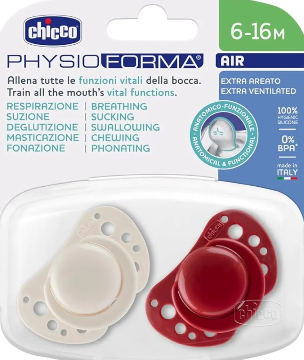 Chicco PhysioForma - Air Bianco e Rosso Succhietto 6-16M Tettarella in Silicone, 2 Pezzi