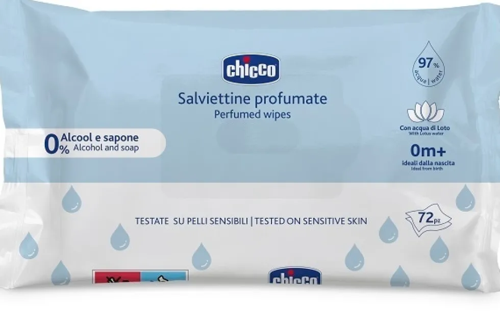 Chicco Salviette detergenti per la pelle sensibile dei neonati senza placchetta, 72 salviettine
