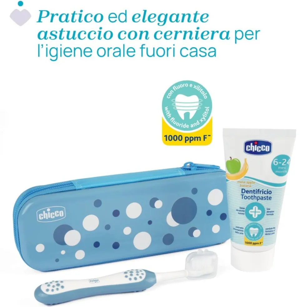 Chicco Set Dentale 6M+ Dentifricio Mela Banana 50ml + Spazzolino Colore Azzurro