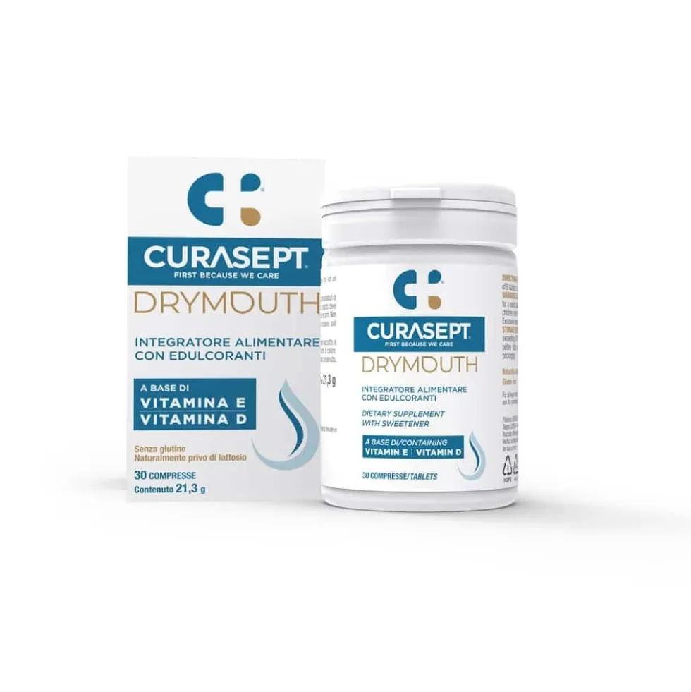 Curasept Drymouth - Integratore Alimentare con Vitamina E e D per Bocca Secca, 30 compresse