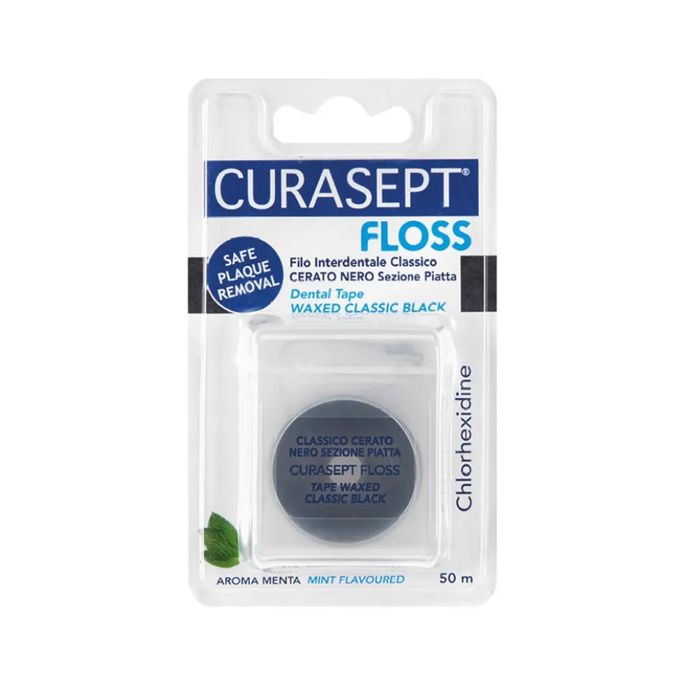 Curasept Floss - Filo interdentale nero cerato con clorexidina per l'igiene orale, 50 m
