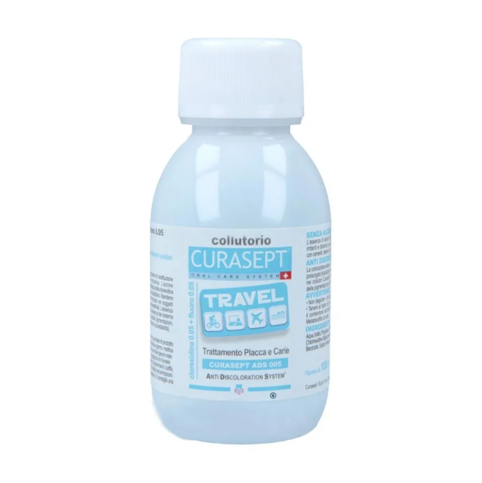 Curasept Travel - Collutorio con clorexidina 0,05% per prevenire la placca e la carie, 100 ml