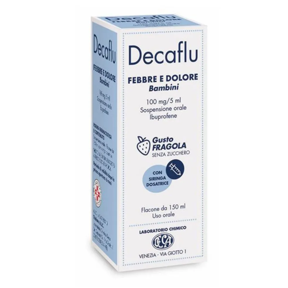Decaflu Febbre e Dolore Bambini 100mg/5ml Ibuprofene Sciroppo Gusto Fragola Senza Zucchero, 150ml