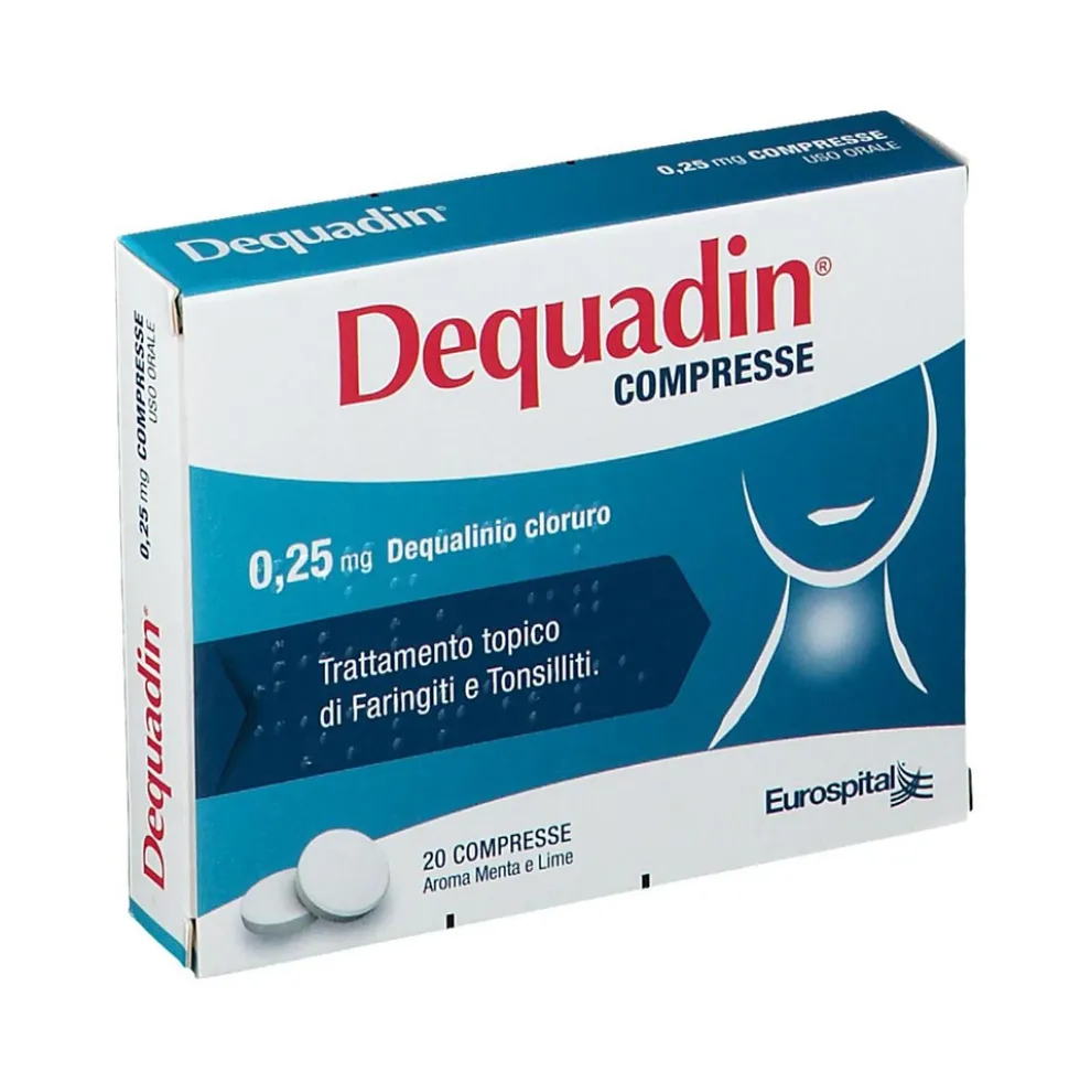 Dequadin 0,25mg Dequalinio Cloruro Trattamento Topico Faringiti e Tonsilliti Aroma Menta e Lime, 20 Compresse
