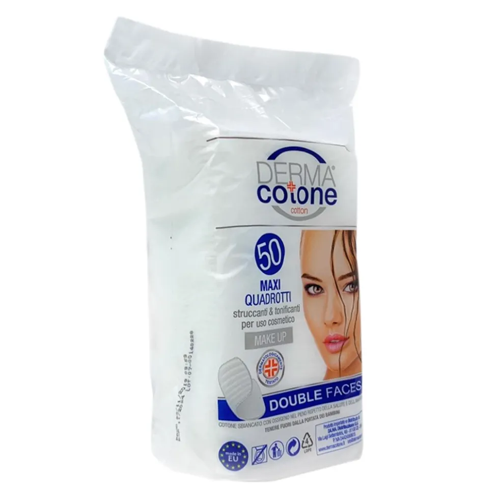 Dermacotone Maxi Quadrotti - Quadrotti in puro cotone per struccare e tonificare, 50 pezzi