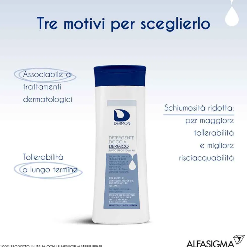 Dermon Detergente doccia dermico pH 4.0 - Detergente corpo ad azione antimicrobica, 250 ml