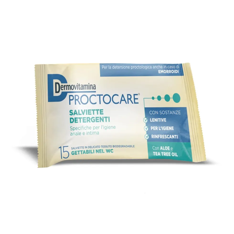 Dermovitamina Proctocare - Salviette detergenti per l'igiene intima ed emorroidi, 15 salviette