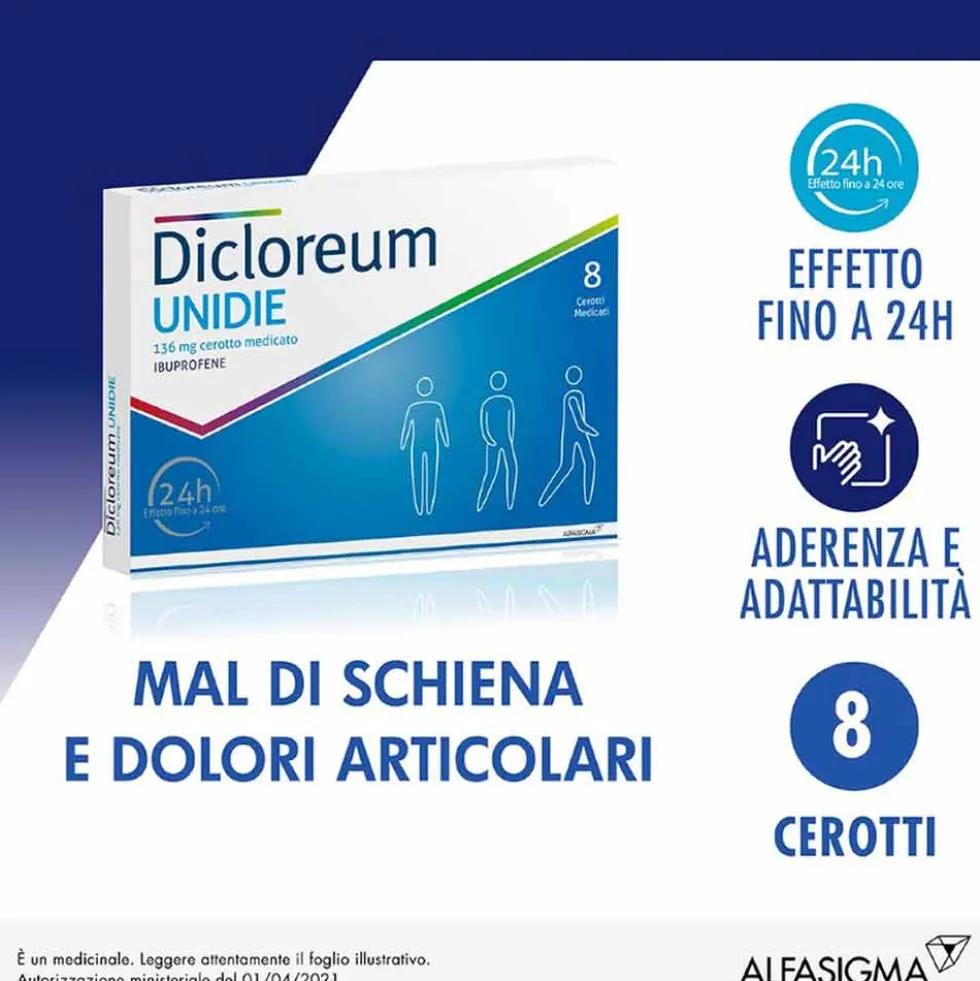 Dicloreum Unidie Ibuprofene 136 mg Dolore e Infiammazione Azione 24H, 8 Cerotti
